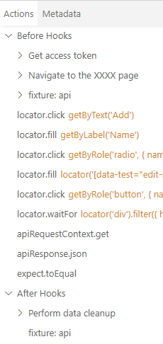 Image showing the running order of a test where each hook is named