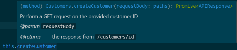 JSDoc showing the requestBody type points to the paths file